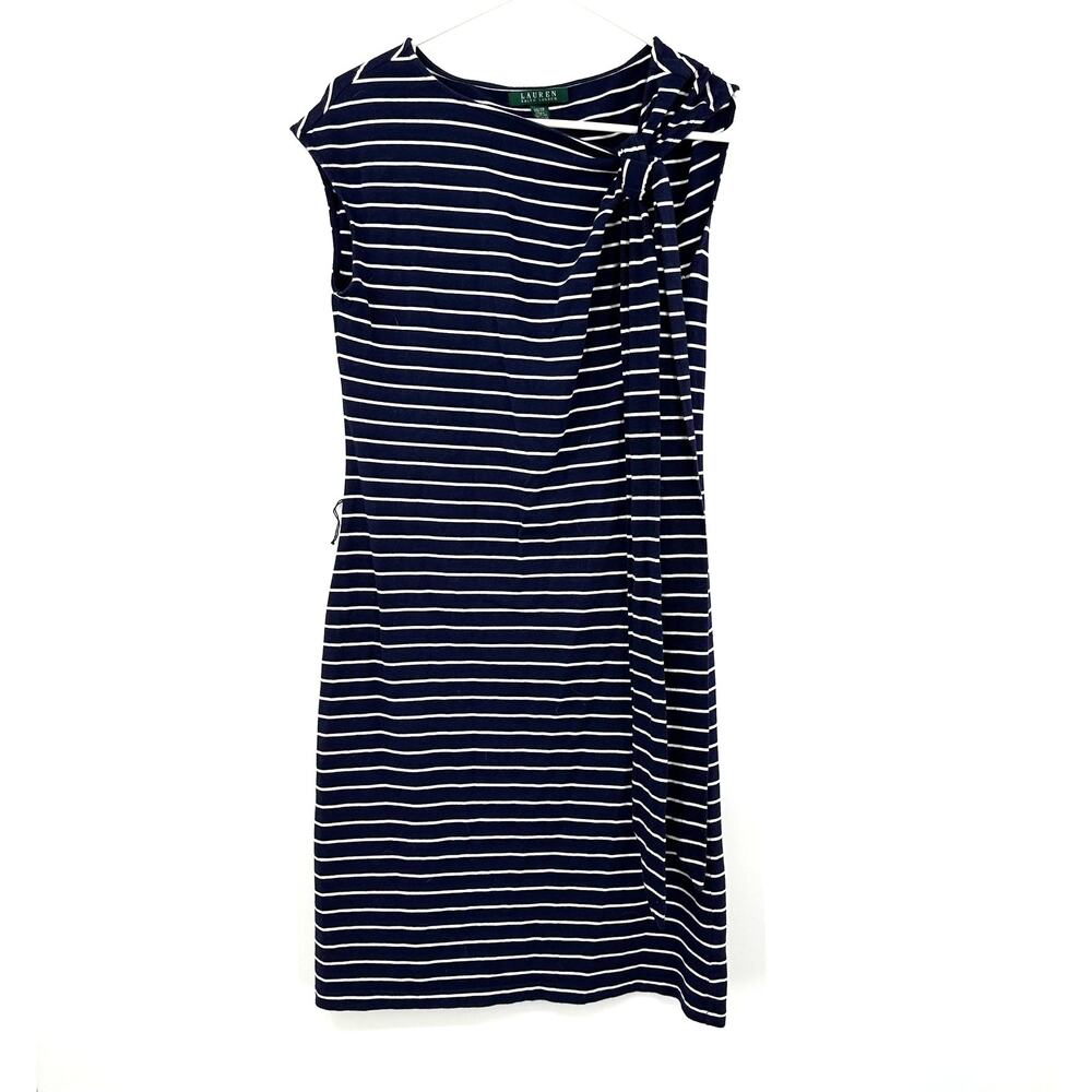 Lauren Size XS Dress Navy Blue Stripe Cap‎ Sleeve Bodycon Waist Tie Casual Basic